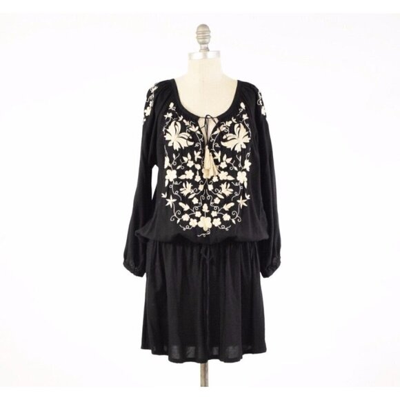 Lucky Brand Sz XS Black Floral Embroidered Tassel Drawstring Tunic Dress Peasant - Picture 2 of 11